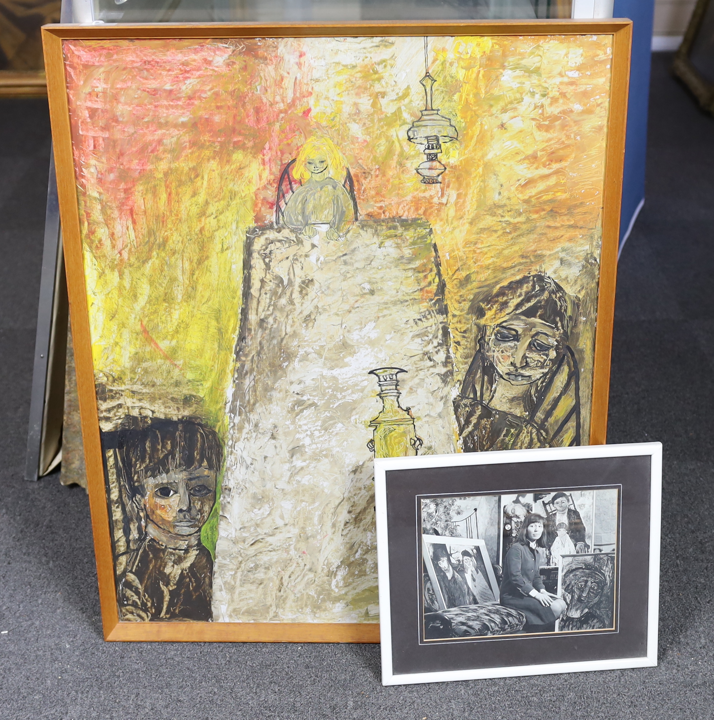 Dame Beryl Bainbridge DBE (1932-2010), oil on board, Interior with figures around a table, 76 x 61cm, Provenance: Given by the artist to our vendor and comes with a black and white photograph of the artist in her studio.